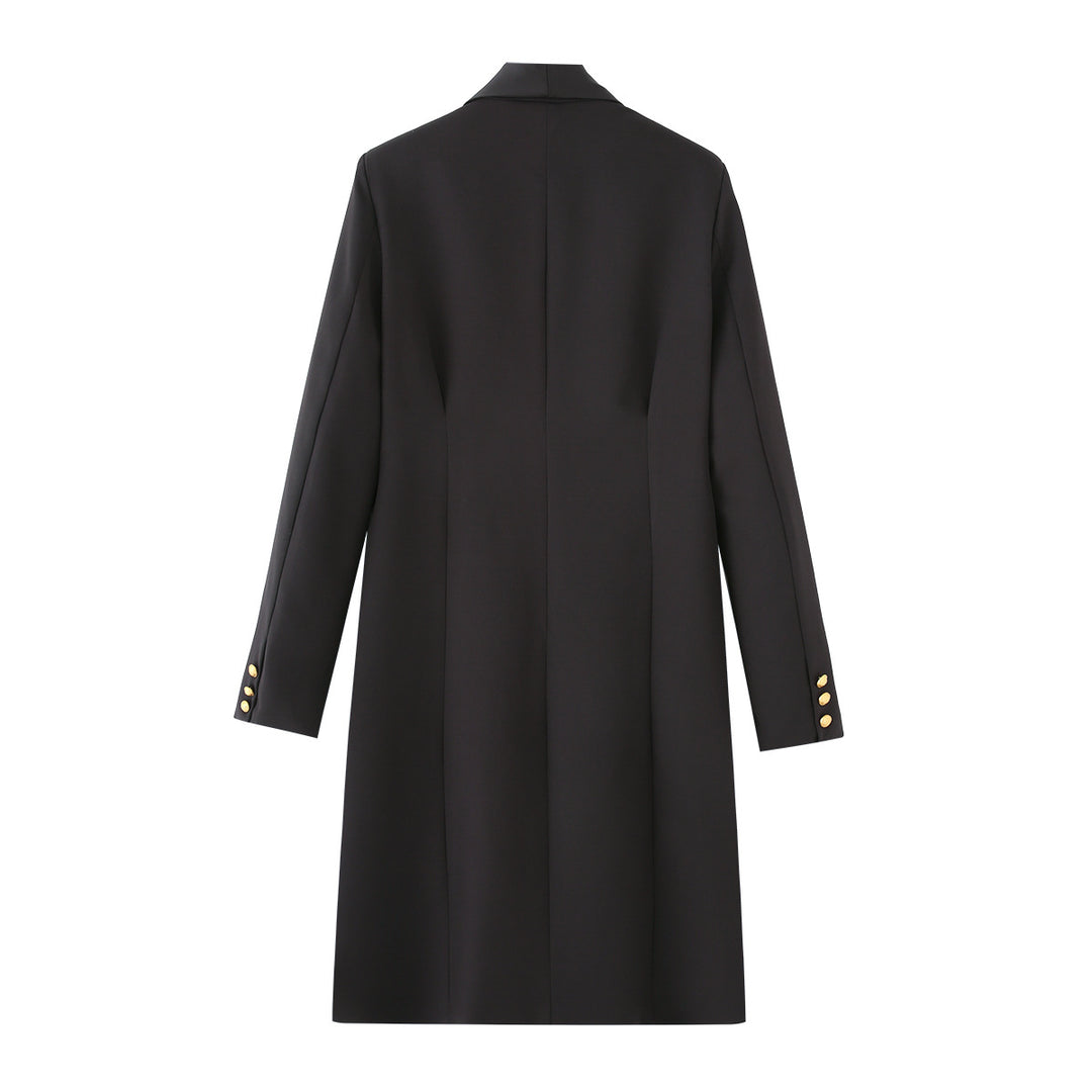 Women's tailored long blazer with shawl collar, distinctive decorative buttons, and patch pockets Mune Fashion