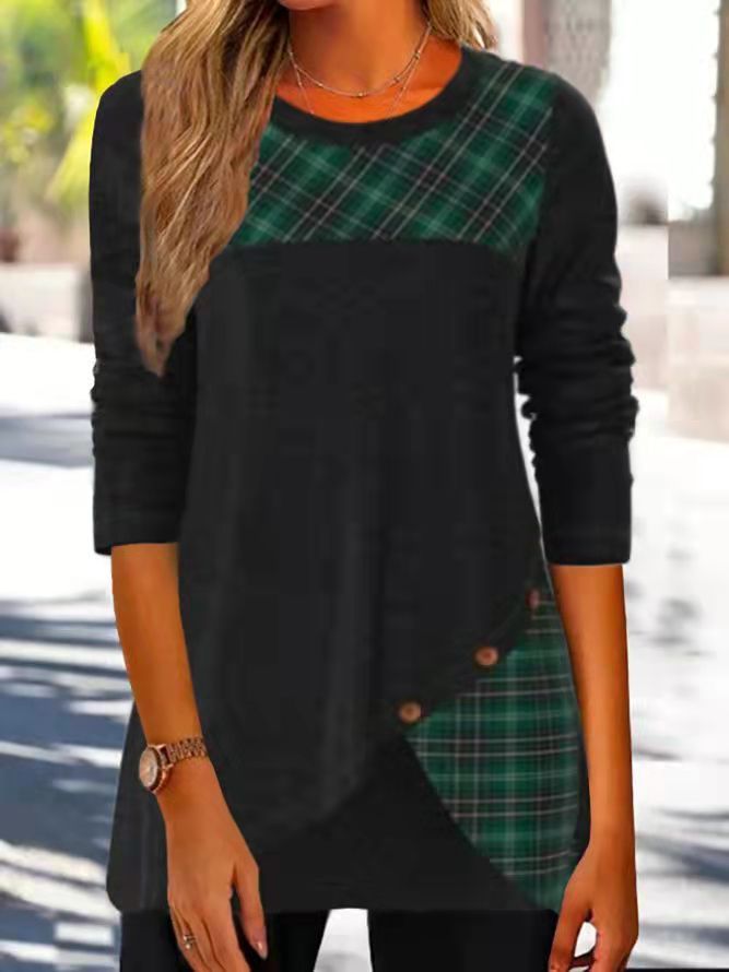 Women Asymmetrical Tunic with Check Patch and Decorative Buttons Mune Fashion