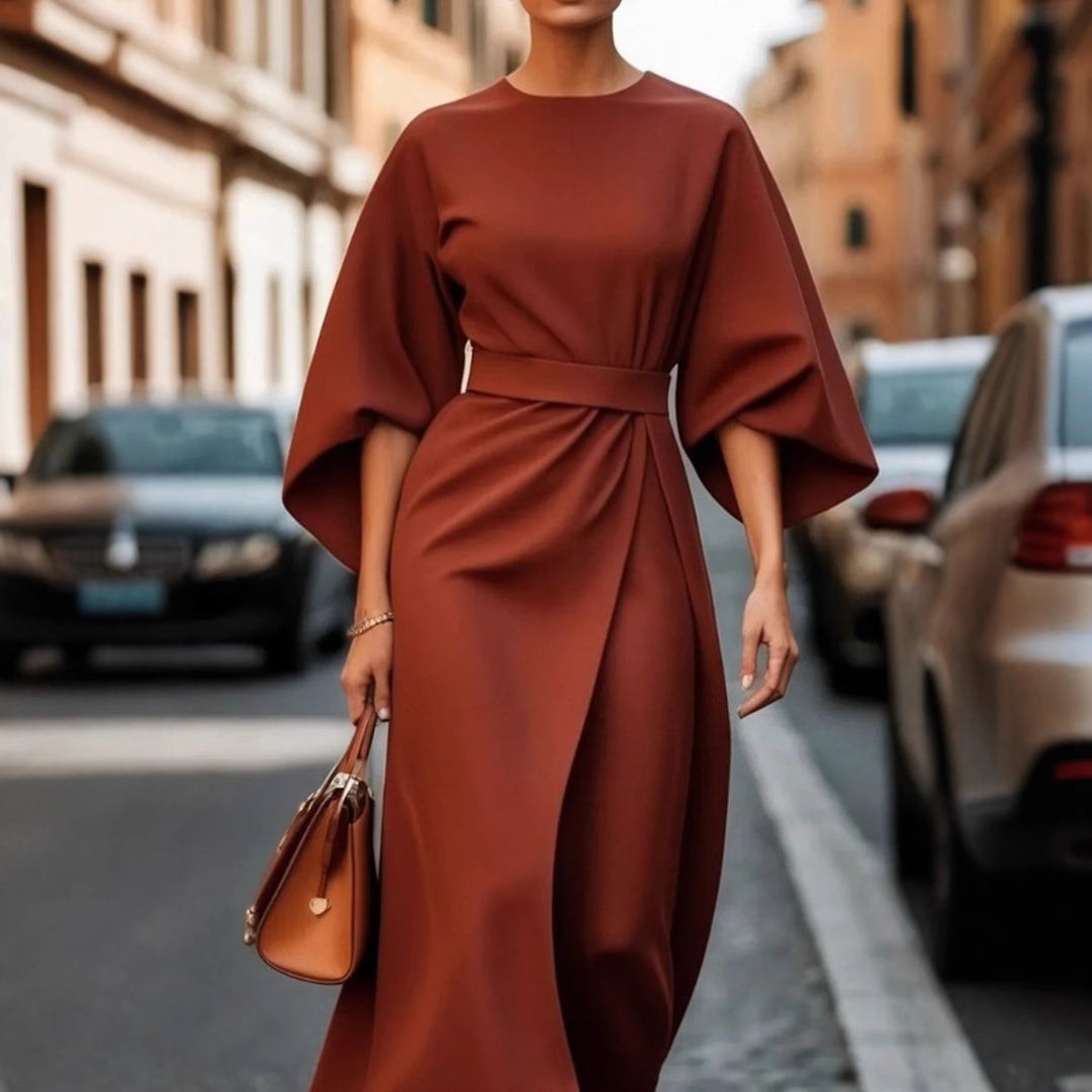 Ladies' elegant midi dress with kimono sleeves, draped wrap look and waist belt Mune Fashion