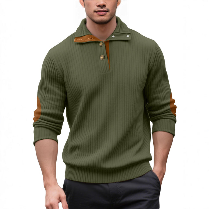 Men's ribbed half-button pullover with Kent collar and leather trim Mune Fashion
