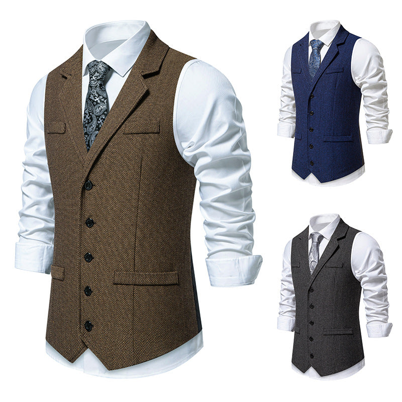Men's tailored herringbone vest with lapel collar and classic button placket Mune Fashion