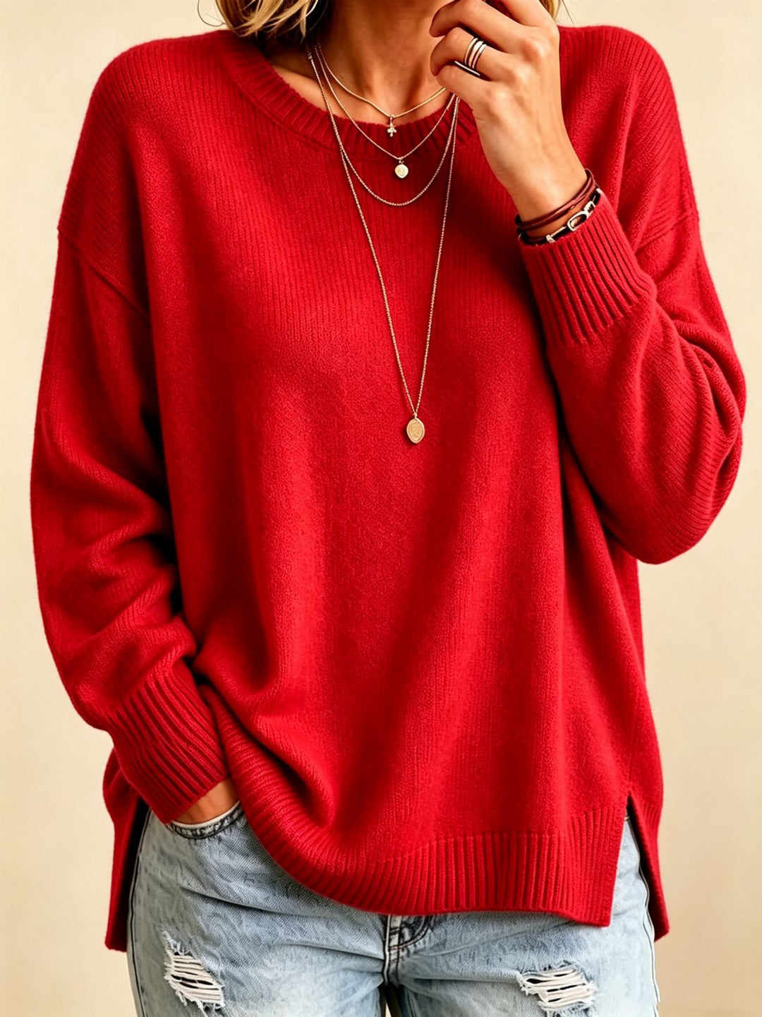 Women Loose Fit Round Neck Fine Knit Sweater with Side Slits and Ribbed Cuffs Mune Fashion