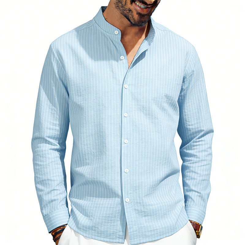Men's striped stand-up collar shirt made of linen-cotton blend with button placket Mune Fashion