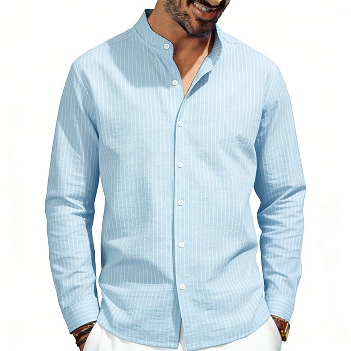 Men's striped stand-up collar shirt made of linen-cotton blend with button placket Mune Fashion