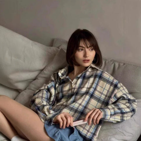 Women's Checkered Oversized Flannel Shirt Blouse with Snap Button Placket and Shirt Collar Mune Fashion