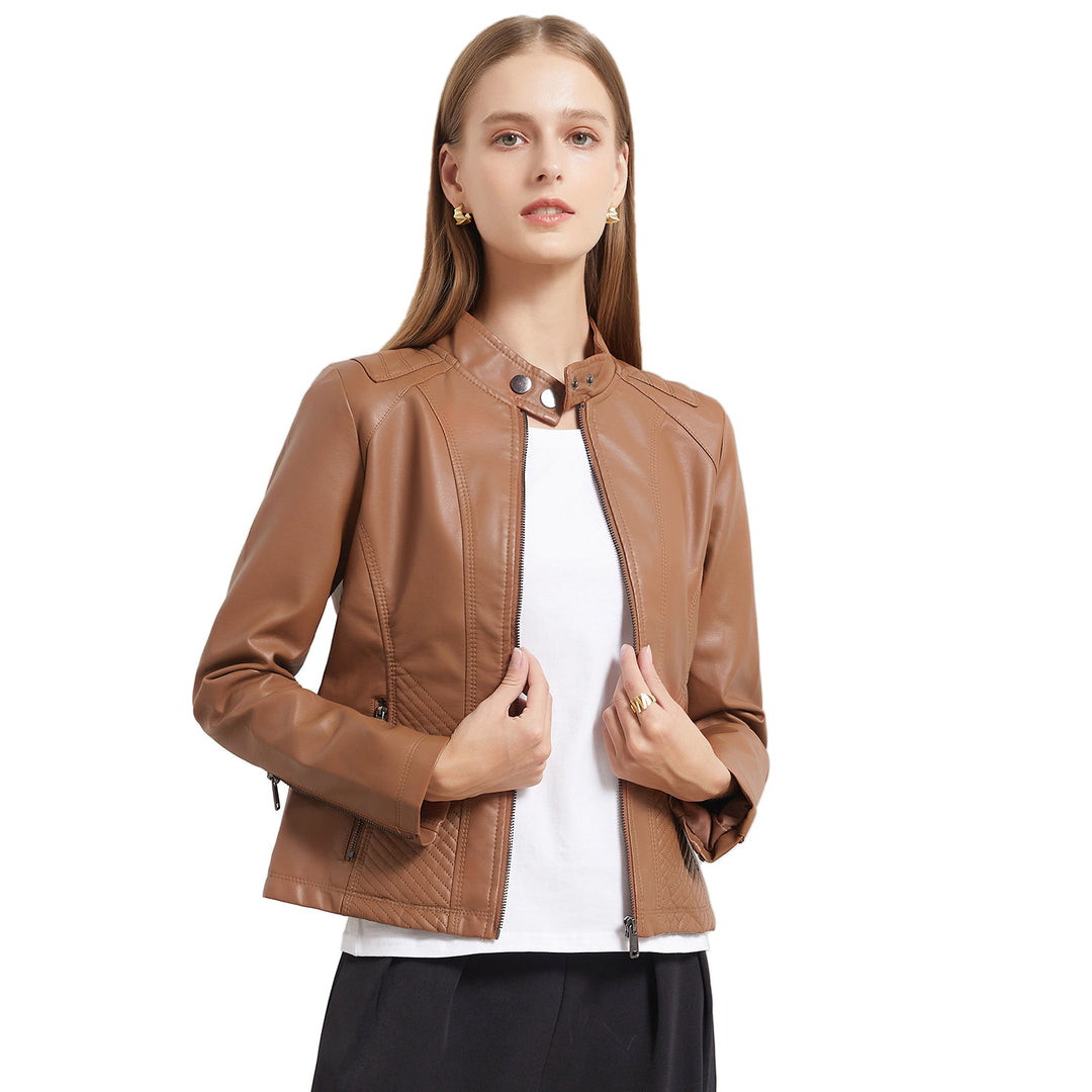 Women's fitted faux leather jacket in biker style with standing collar and quilted side panels Mune Fashion