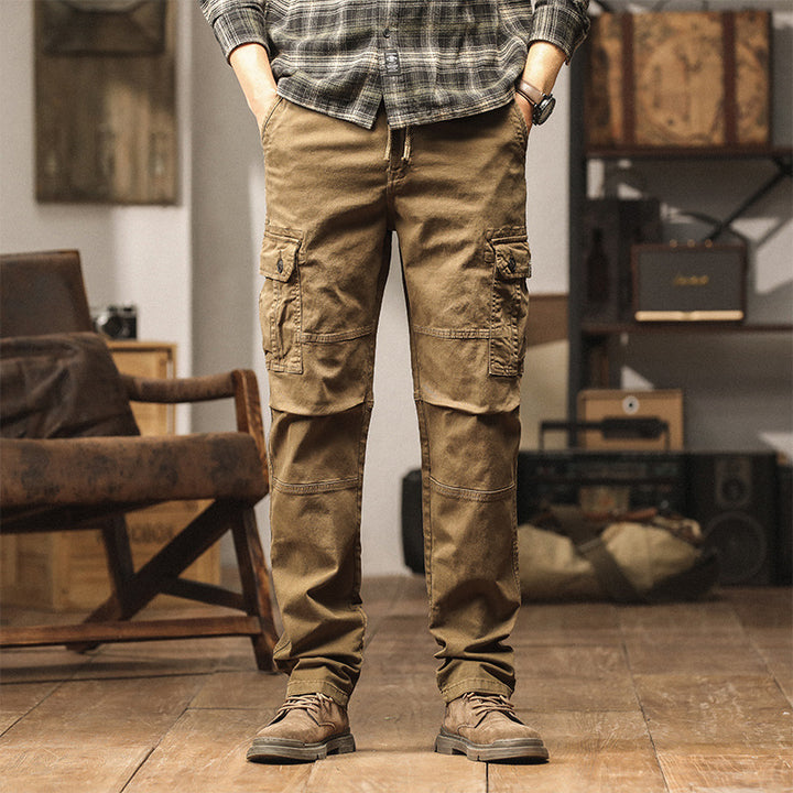Men Durable Canvas Cargo Pants with Ergonomic Knee Pleats, Drawstring Waistband and Patch Pocket Mune Fashion