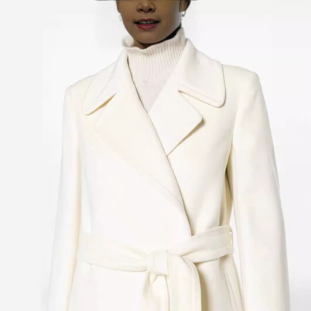 Women’s Maxi-length tailored wool blend coat with belt and wide lapels Mune Fashion