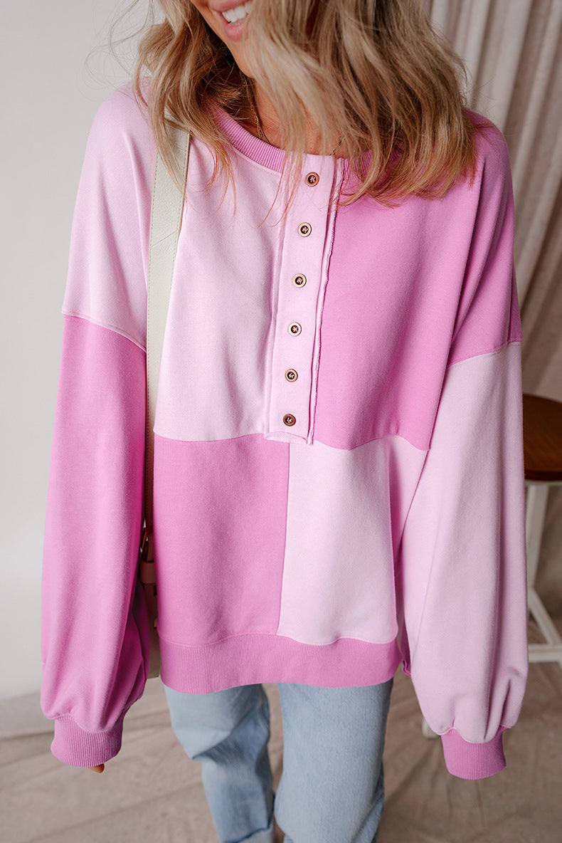 Women's Oversize Colorblock Sweatshirt with Henley Button Placket, Balloon Sleeves and Ribbed Hem Mune Fashion