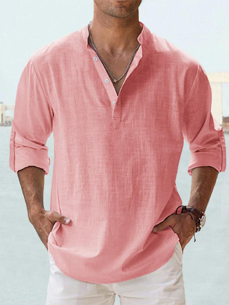 Men's nan casual linen henley shirt with stand-up collar, roll-up sleeves, and rounded hem Mune Fashion