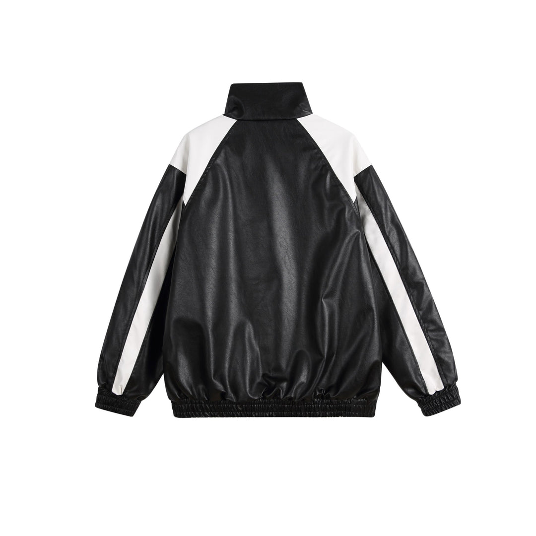 Women's faux leather track jacket in oversized cut with high stand-up collar and logo panel Mune Fashion