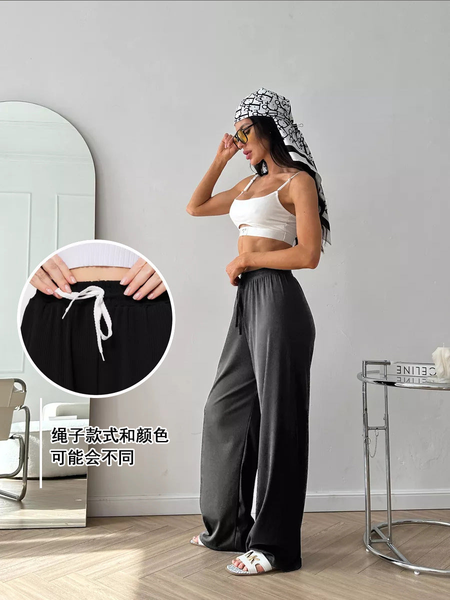 Ladies wide high-cut lounge pants with elastic waistband and drawstring Mune Fashion