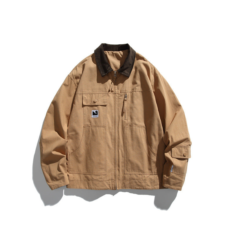 Men's Boxy Workwear Blouson Jacket with Contrast Collar and Multiple Pockets Mune Fashion
