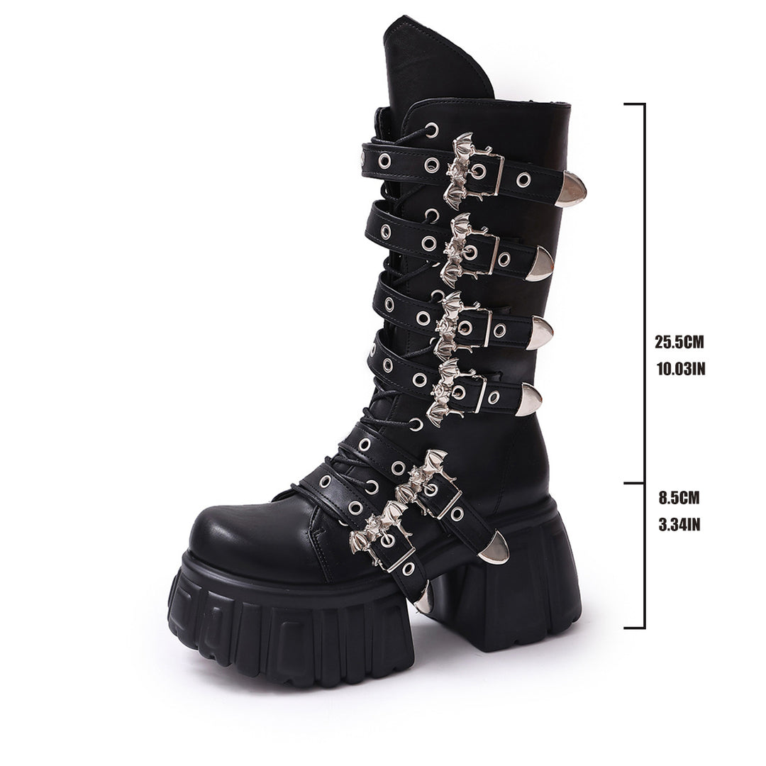 Women's platform biker boots with decorative straps, eyelets and chains Mune Fashion
