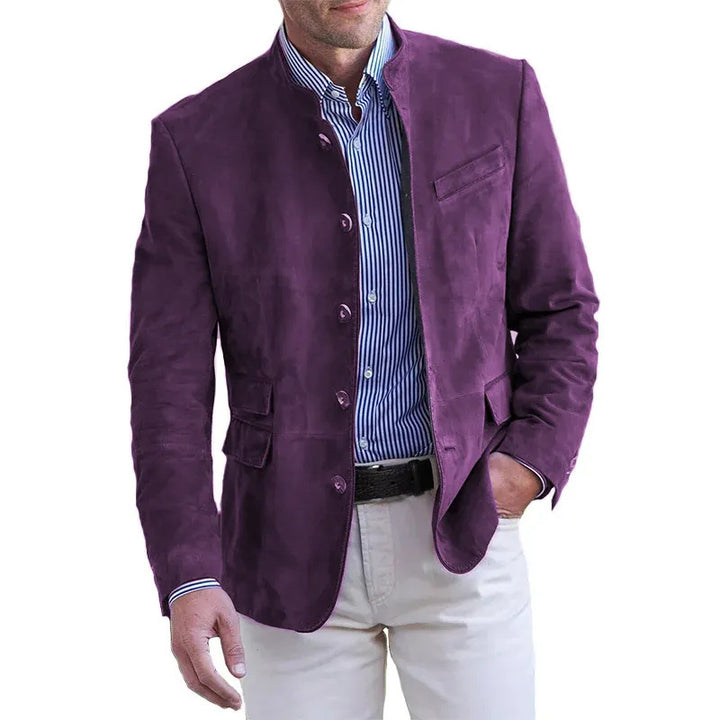 Men's Velour Leather Blazer with Stand Collar and Flap Pockets Mune Fashion