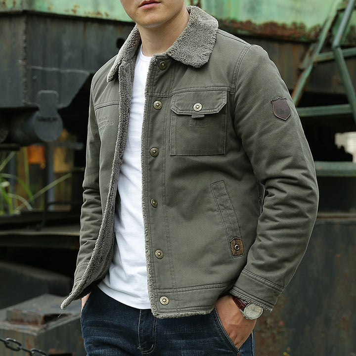 Men's Canvas Field Jacket with Continuous Sherpa Lining and Shirt Collar Mune Fashion