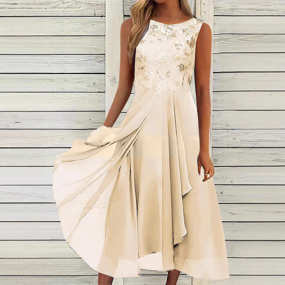 Women’s sleeveless chiffon midi dress with embroidered bodice and asymmetric layered skirt Mune Fashion