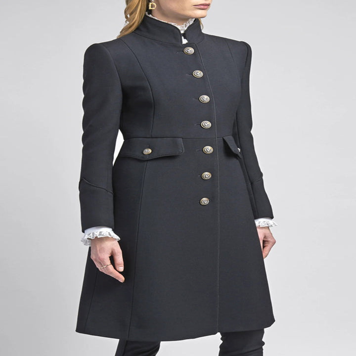 Women's Tailored Coat in Uniform Tailoring with Stand-Up Collar, Decorative Button Placket and Patch Pockets Mune Fashion