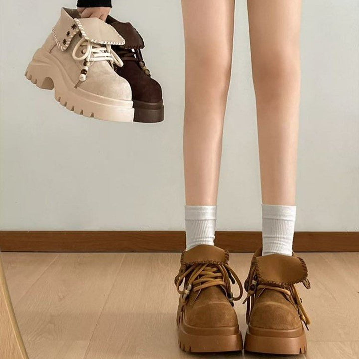 Women Chunky Lace-Up Boots with Fashionable Insert Mune Fashion