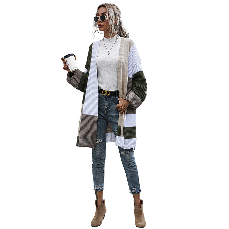 Women's Oversized Knit Cardigan with Colorblock Patchwork and Open Front Mune Fashion