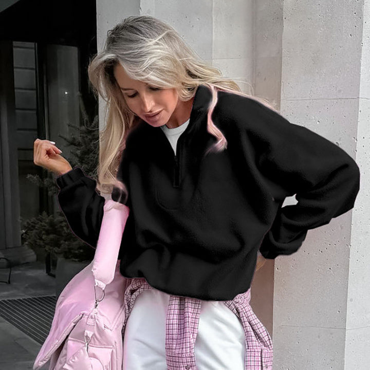 Women’s Oversized Fleece Pullover with Half Zipper and Stand-Up Collar Mune Fashion