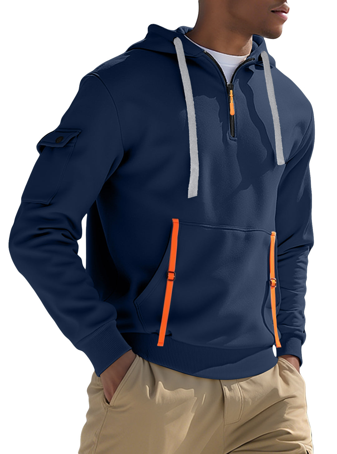 Men's Nano Urban Tech Hooded Half-Zip Pullover with Utility Arm Pocket, Kangaroo Pocket, and Adjustable Zipper Tapes Mune Fashion
