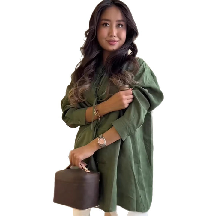 Women's Long Cut Linen Blouse with Chinese Knot Closure and Stand-Up Collar Mune Fashion