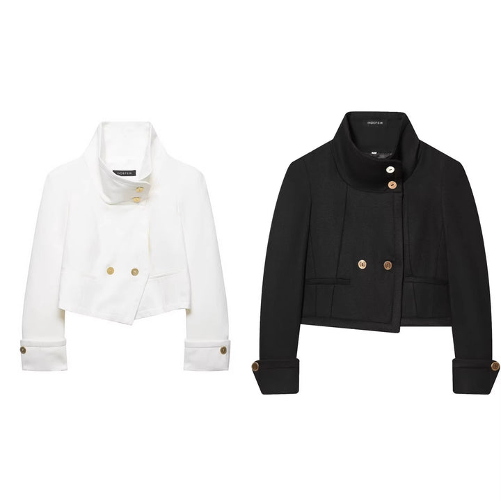 Women's short blazer with stand-up collar, double-breasted button placket and golden decorative buttons Mune Fashion
