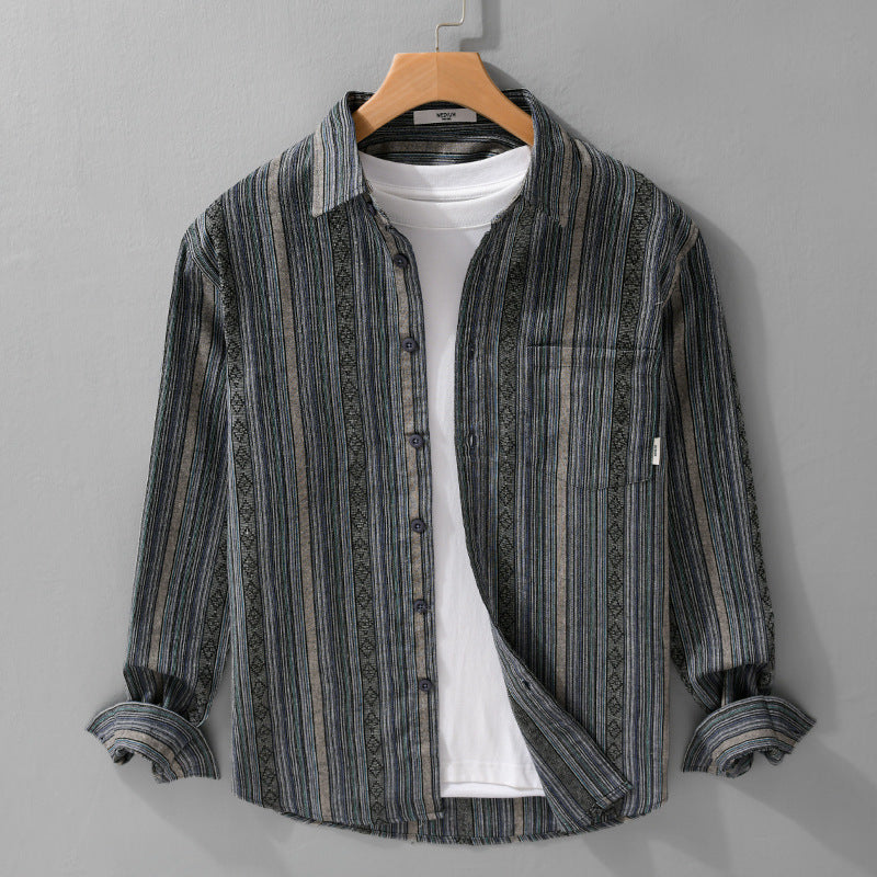 Men's Lightweight Striped Cotton-Linen Shirt in Ethnic Stripe Pattern Mune Fashion