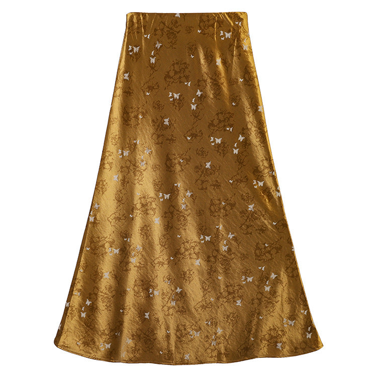 Women's A-line midi skirt in jacquard satin with floral and butterfly reliefs Mune Fashion