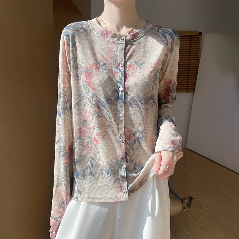 Ladies Lightweight Watercolor Print Fine Knit Cardigan with Round Neck and Button Placket Mune Fashion