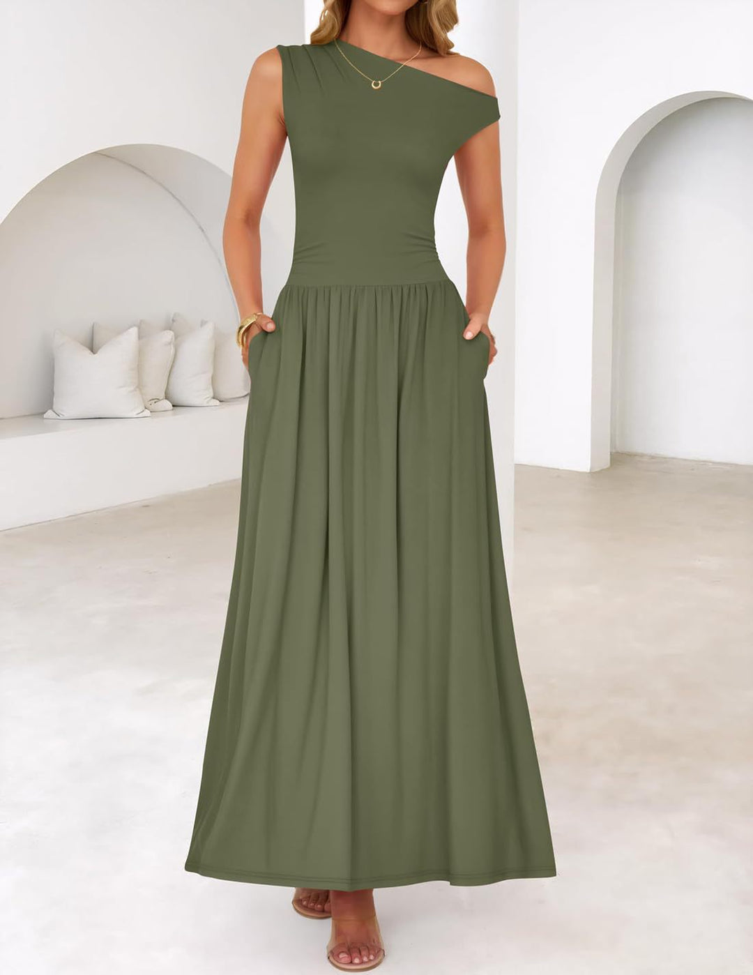 Women Asymmetrical Maxi Dress with One-Shoulder, Waist Emphasis and Side Pockets Mune Fashion