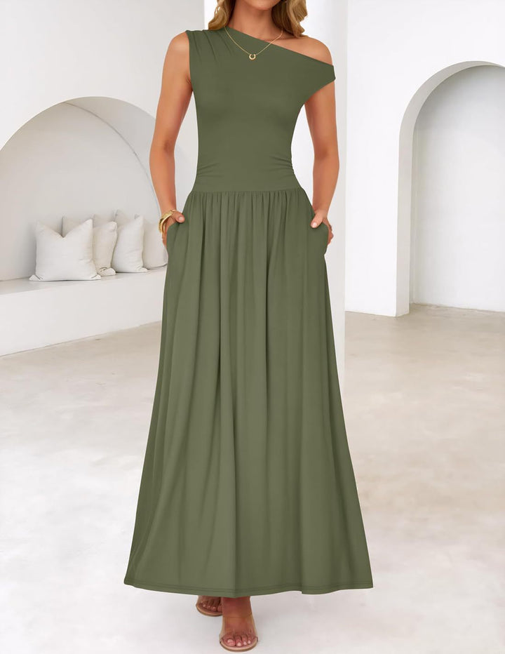 Women Asymmetrical Maxi Dress with One-Shoulder, Waist Emphasis and Side Pockets Mune Fashion