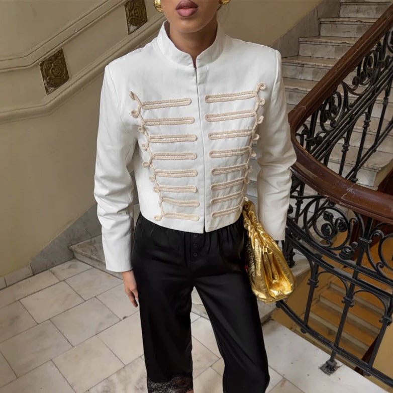 Women Cropped Military Blazer with Stand Collar and Decorative Cord Decoration Mune Fashion