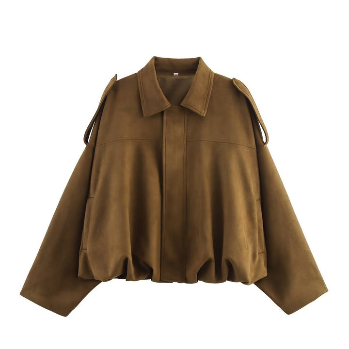 Ladies Oversized Suede Jacket with Shoulder Flaps, Concealed Button Placket and Elastic Hem Mune Fashion