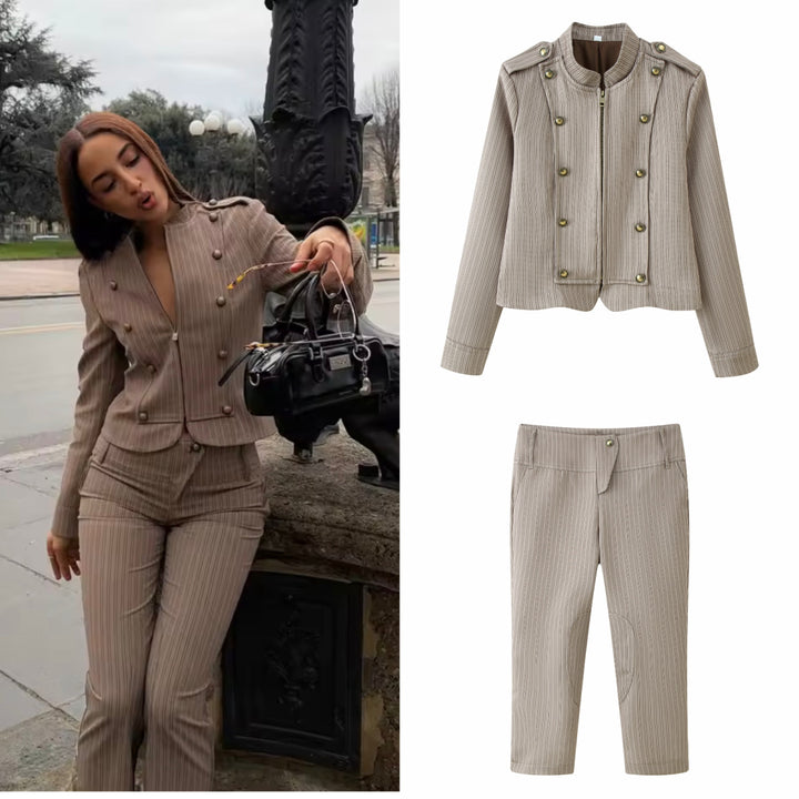 Women Two-Piece Fitted Pinstripe Suit with Zip Blazer and High Waist Pants Mune Fashion