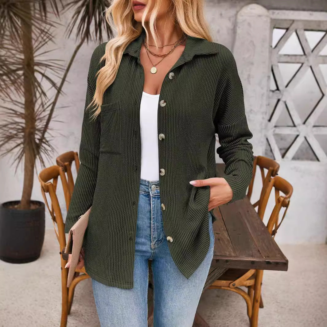 Women's Ribbed Oversized Shirt Jacket with Full Button Placket and Shirt Collar Mune Fashion