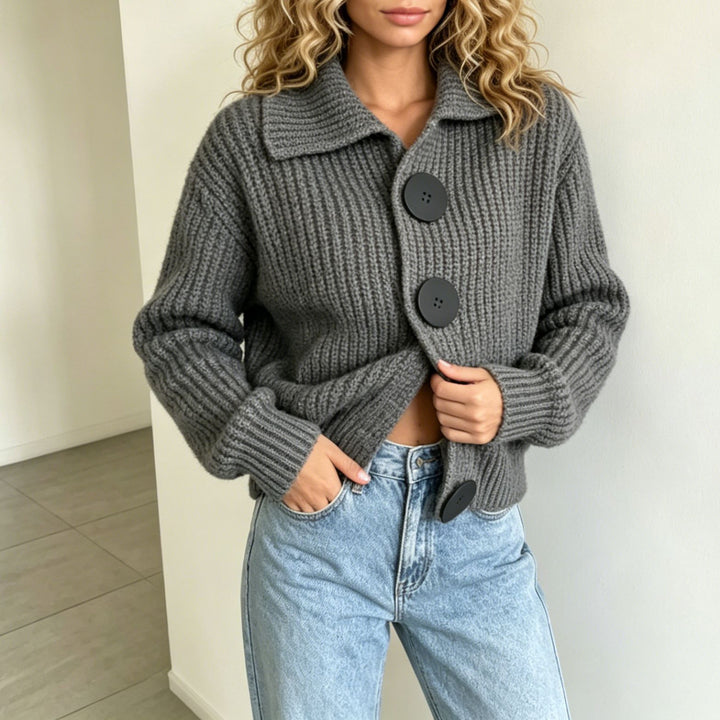 Women Chunky Knit Cardigan with Wide Lapel Collar Mune Fashion