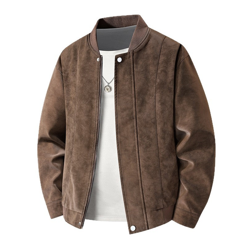 Men's Suede Optic Bomber Jacket with Vertical Quilt Seams and Ribbed Collar Mune Fashion