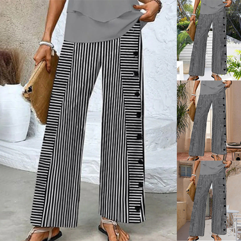 Ladies' wide Palazzo pants with vertical pinstripe look and side button placket Mune Fashion