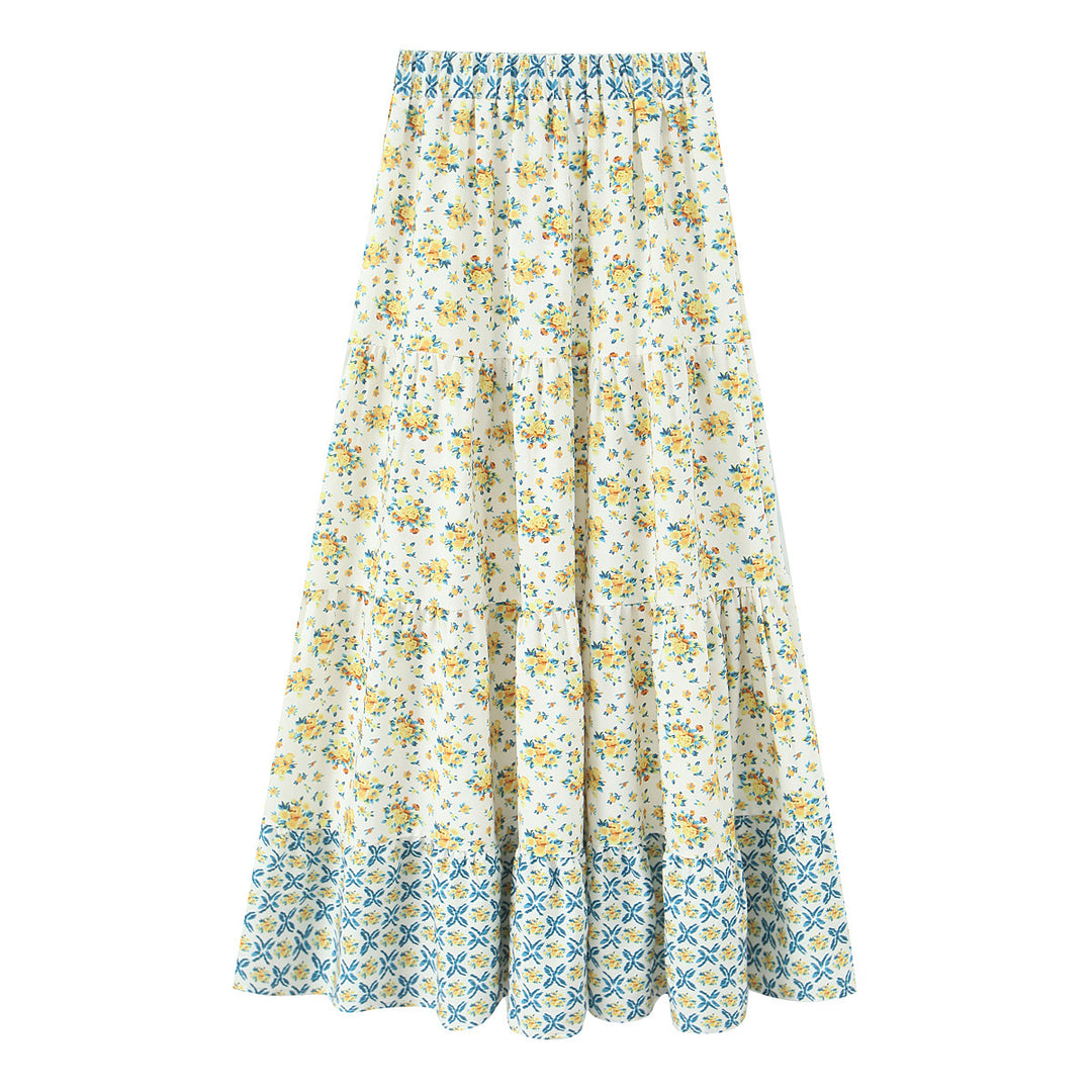 Women's Long Tiered Skirt with Floral Allover Print, Elastic Waistband and Ruffled Panels Mune Fashion