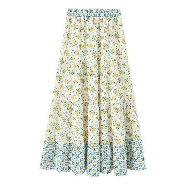 Women's Long Tiered Skirt with Floral Allover Print, Elastic Waistband and Ruffled Panels Mune Fashion