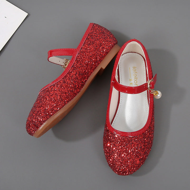 Girl Glittering Mary Jane Ballet Flats with Pearl Application Mune Fashion