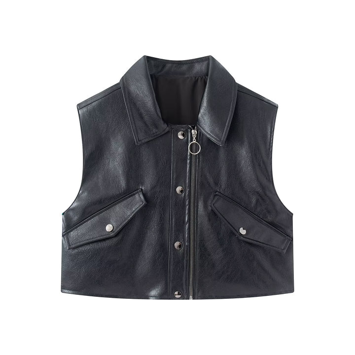 Women's Cropped Utility Vest in Leather Look with Collar, Ring Zipper, and Attached Flap Pockets Mune Fashion