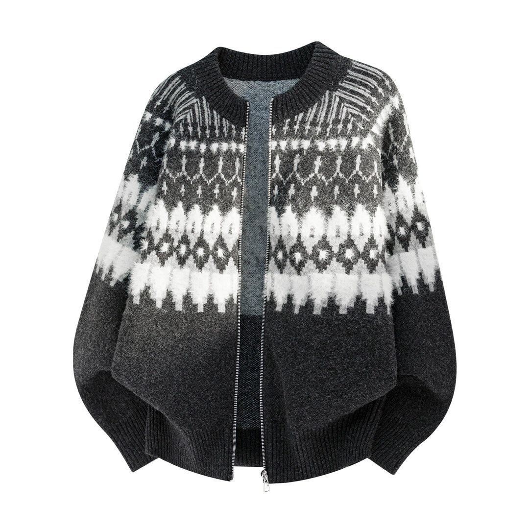 Women Oversized Knit Cape with Zipper and Norwegian Pattern Mune Fashion