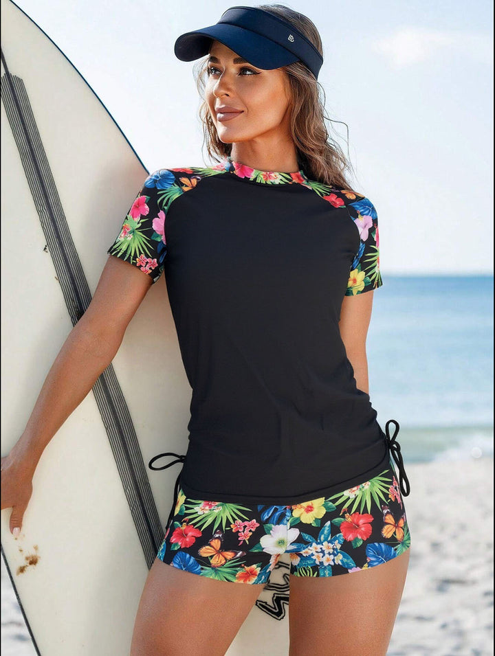Women’s Sporty Surf Suit with Floral Pattern and Side Ruffle Detail Mune Fashion