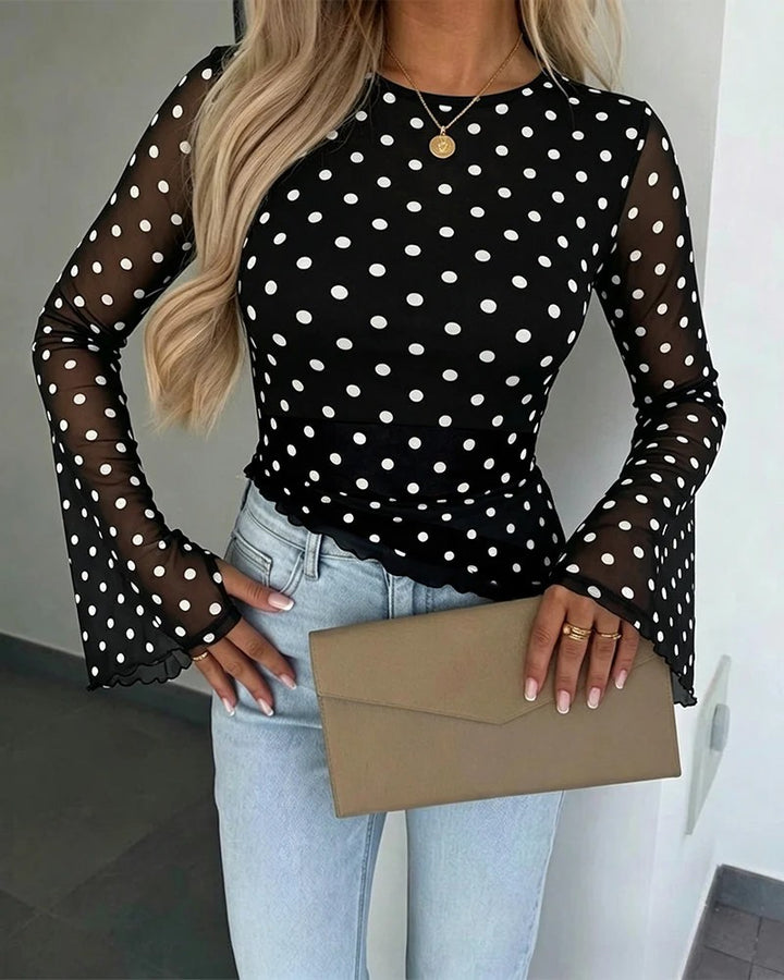 Women's Transparent Mesh Polka Dot Blouse with Tailored Fit and Bell Sleeves Drune