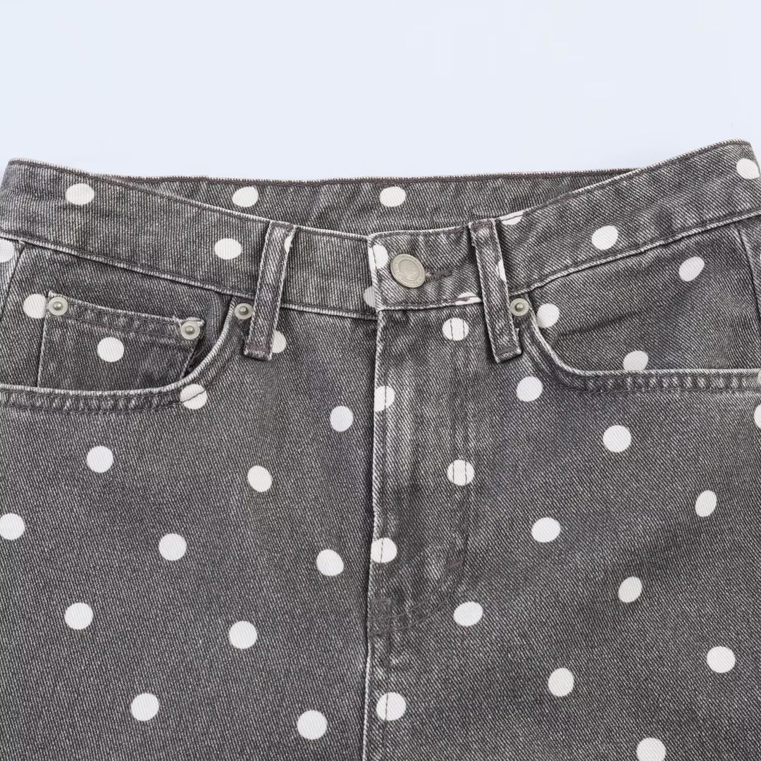 Women's Wide High-Waist Jeans with Allover Polka Dot Pattern and Straight Leg Mune Fashion