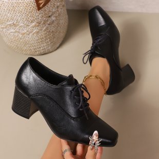 Women Elegant Lace-up Pumps with Square Toe and Mid-high Block Heel Mune Fashion