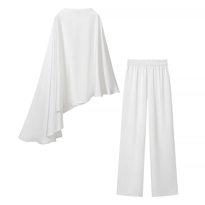 Women Two-Piece Chiffon Cape with Asymmetrical Hem and Trousers with Elastic Waist Mune Fashion